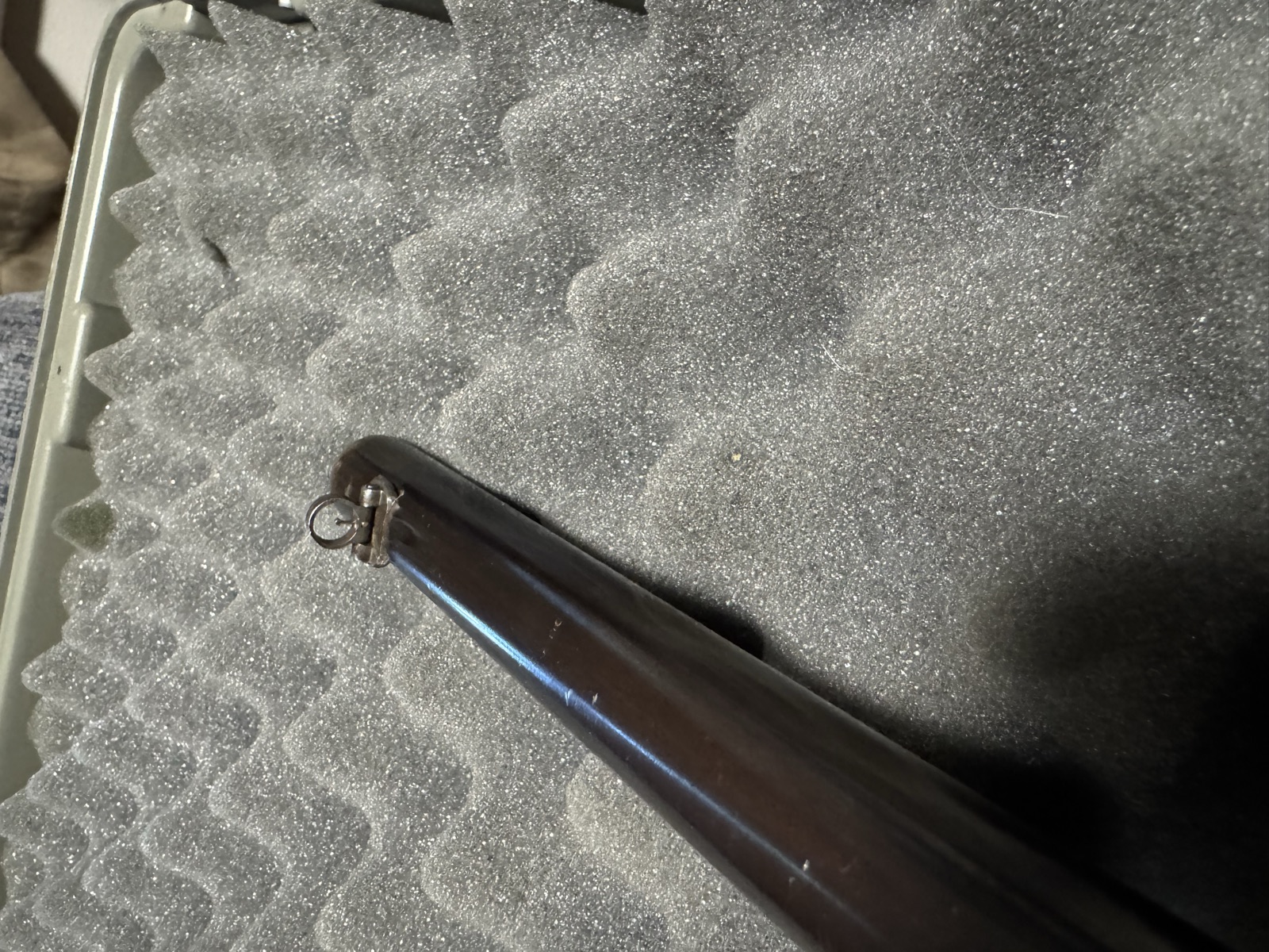 Muzzle of the Stevens 44 showing the small original front sight on its dovetail