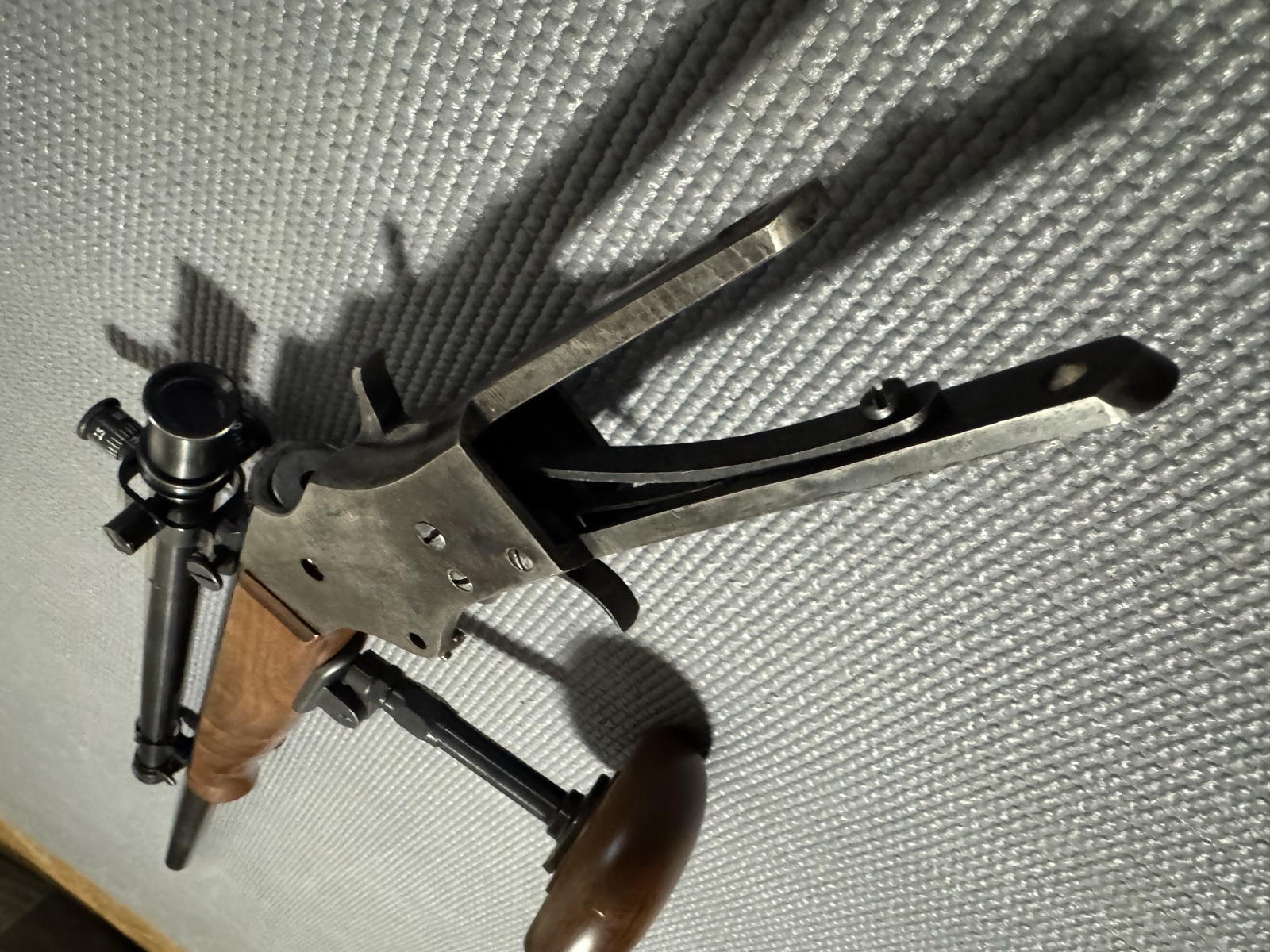 Stevens 44½ action with the buttstock removed, showing the hammer spring and lockwork