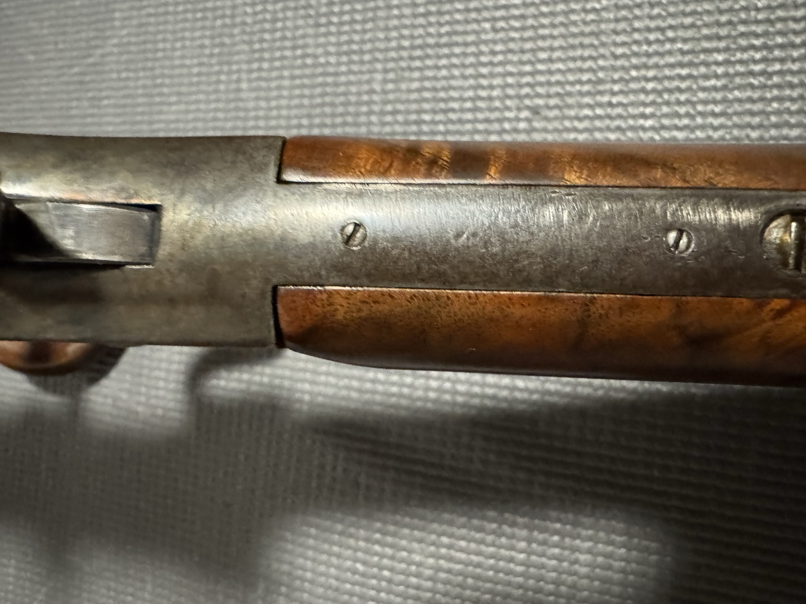 Top of the Stevens 44½ action, showing the breech block from above and the upper tang